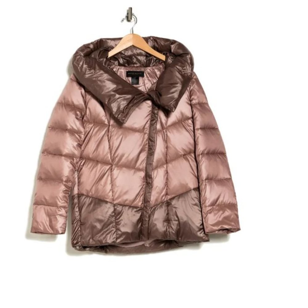 Donna Karan NY Colorblock Down Hooded Puffer Jacket XS Mauve Combo zip front